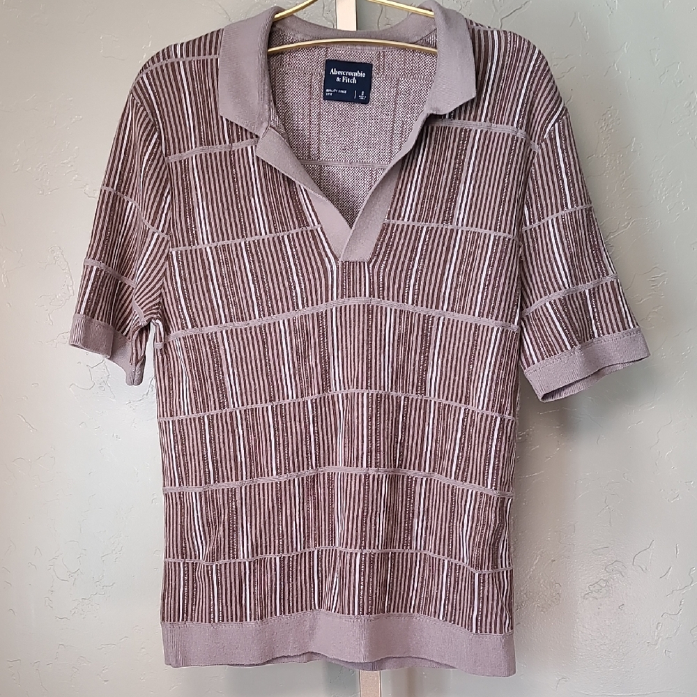 Abercrombie‎ & Fitch Men’s Small Geometric Knit Polo Sweater Brown Tan Cream